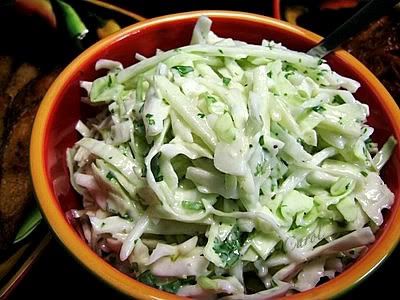 /></span><br/> <br/> CILANTRO LIME SLAW<br/> (Source: Taste of the South)<br/> <br/> 1 c. mayonnaise (I use low fat)<br/> 1/4 c. apple cider vinegar<br/> 1 tsp. grated fresh lime zest<br/> 1/4 c. fresh lime juice<br/> 1 Tbsp. sugar<br/> 1/8 tsp. salt<br/> 1/8 tsp. ground black pepper<br/> 1 head Napa cabbage, thinly sliced (for the photo, I used 1/2 of a large head of cabbage, sliced thin)<br/> 1 Granny Smith apple, cored and diced (for the photo, I used 2 apples, peeled and cut into matchstick pieces)<br/> 1 Tbsp. seeded and diced jalapeno pepper (I use 2 seeded and diced jalapeno peppers)<br/> 1/4 c. fresh cilantro, chopped<br/> <br/> In a medium bowl, whisk together mayonnaise, vinegar, lime zest, lime juice, sugar, salt and pepper.</span></div> <div><br/> <span style=